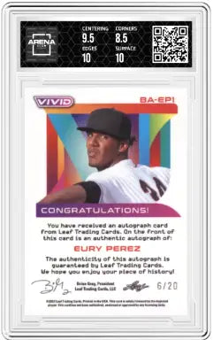 Graded Leaf Vivid Eury Pérez autograph card from 2022 Leaf Vivid baseball collection