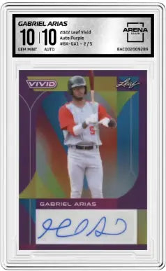 Graded Leaf Vivid Gabriel Arias baseball card 2/5 in display case