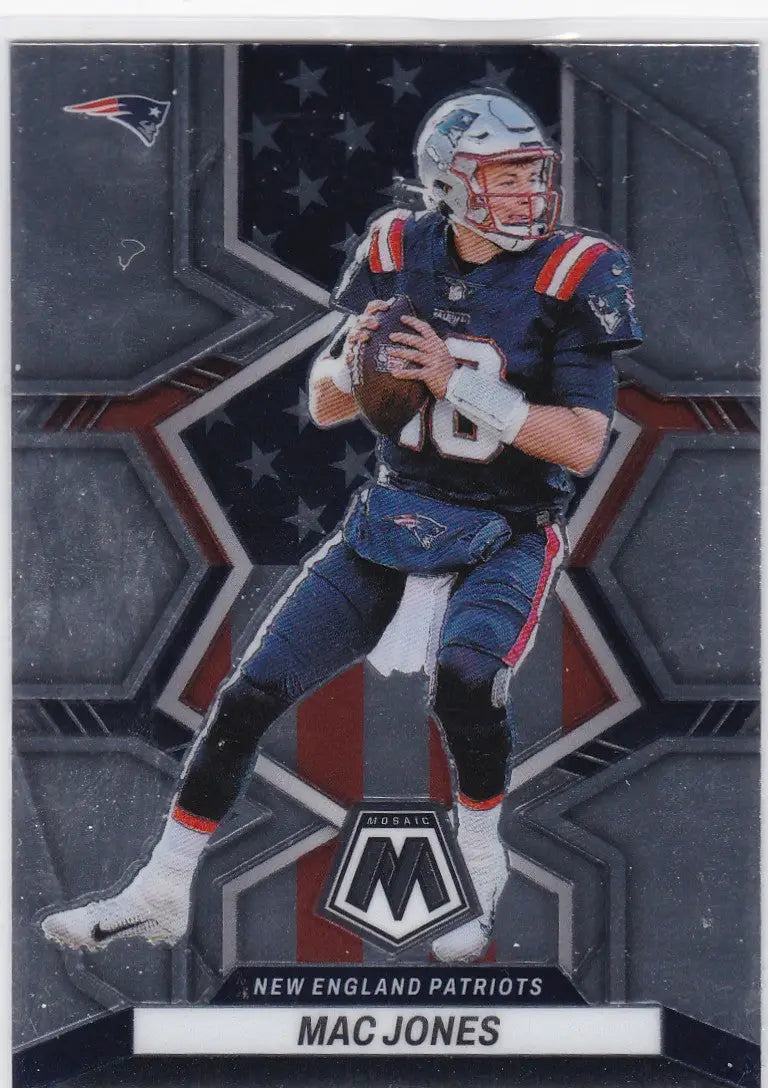 Football trading card of Mac Jones of the New England Patriots with mosaic background