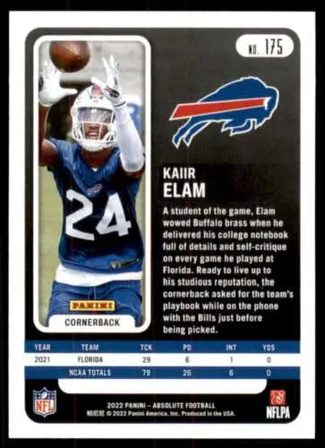 2022 Panini Absolute #175 Kaiir Elam NM-MT RC football card with original gloss finish