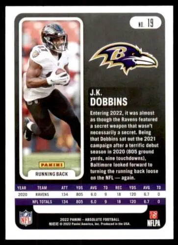 J.K. Dobbins 2022 Panini Absolute football card in near mint condition for Ravens fans