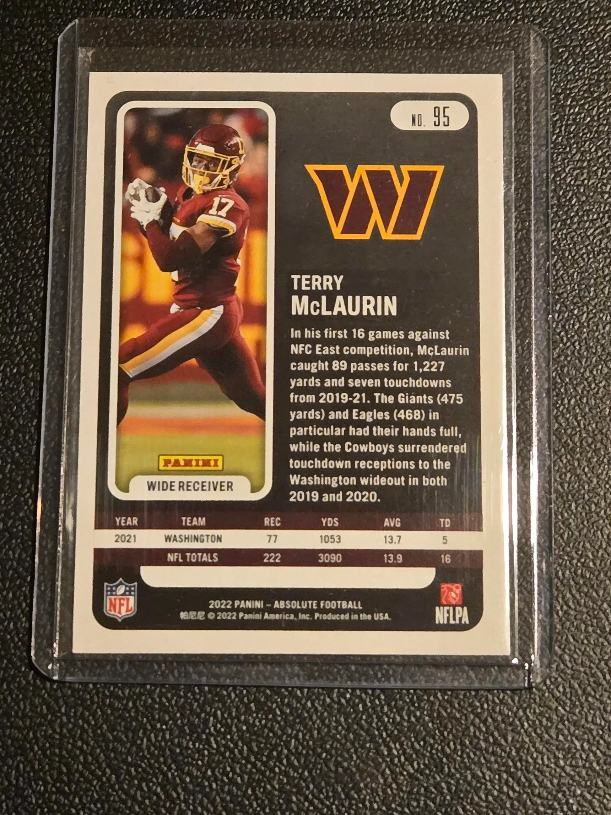 Football trading card featuring Terry McLaurin Green from 2022 Panini Absolute series