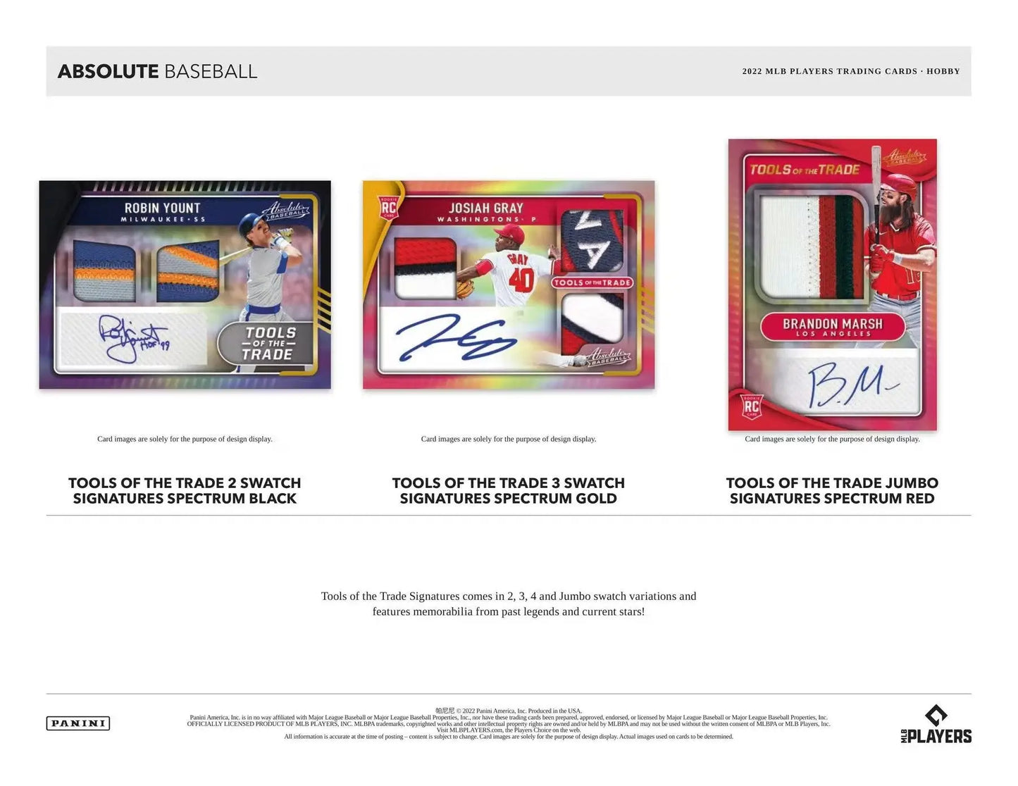 Baseball card advertisement featuring autographed memorabilia from the 2022 Panini Absolute Baseball