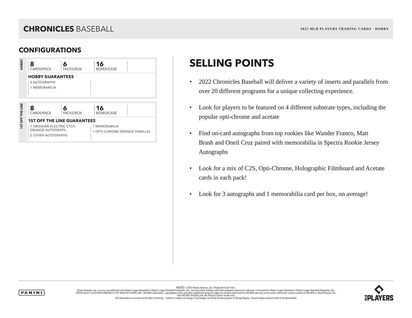 Baseball card product information for 2022 Panini Chronicles Baseball Hobby Box with Wander Franco