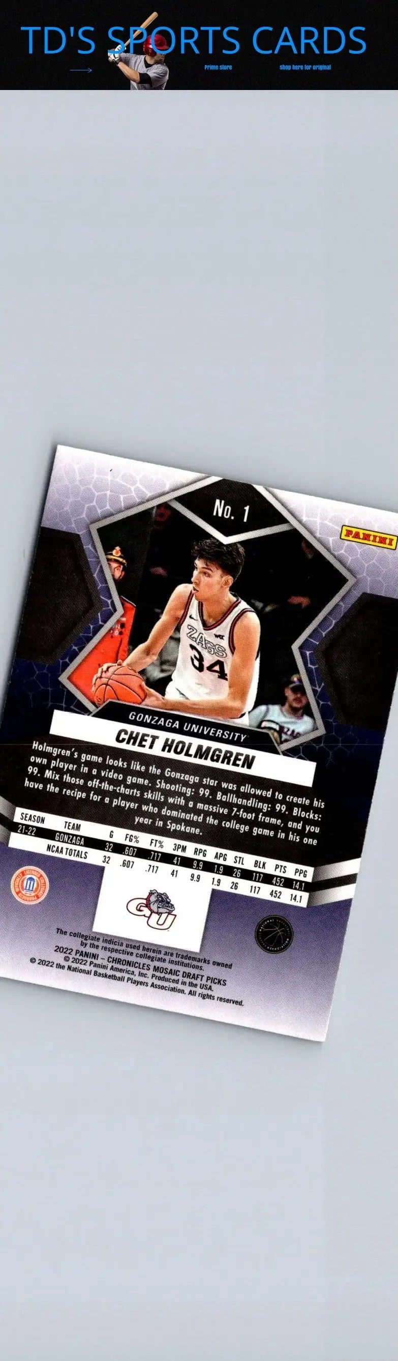 Chet Holmgren basketball card from 2022 Panini Chronicles Draft Picks collection