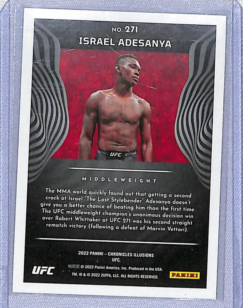 UFC trading card of Israel Adesanya from Panini Chronicles Illusions set