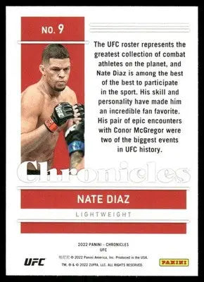 Panini Chronicles Nate Diaz UFC trading card from 2022 Panini Chronicles MMA collection