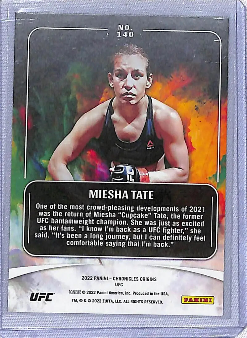 UFC trading card of Miesha Tate from Panini Chronicles Origins against a colorful background