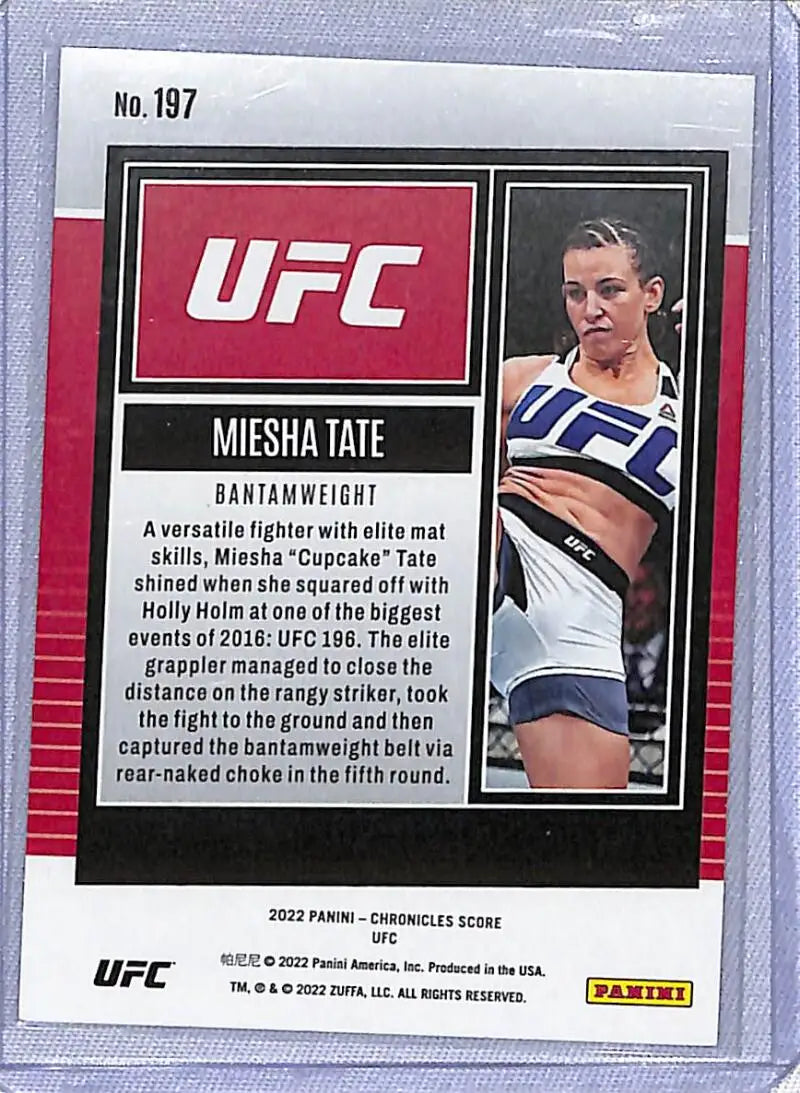 UFC trading card of Miesha Tate in blue and white from Panini Chronicles Score