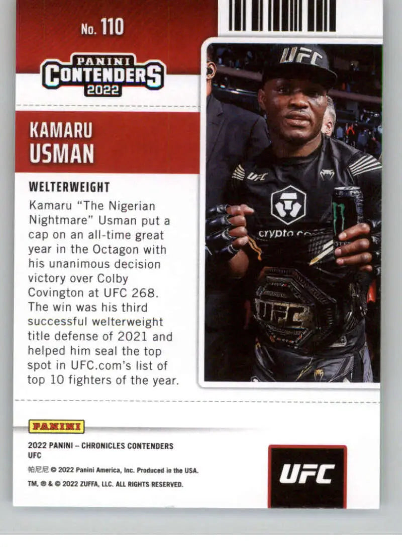 UFC trading card featuring Kamaru Usman in black attire from Panini Chronicles UFC