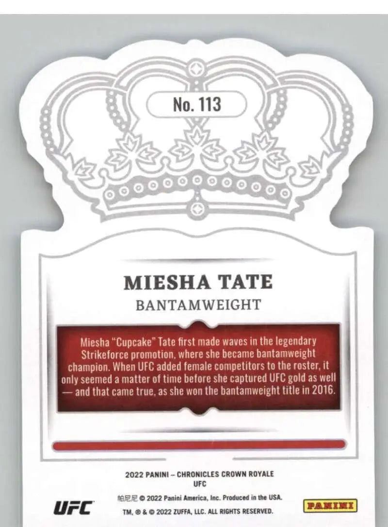 Crown-shaped Panini Chronicles UFC card featuring Miesha Tate with decorative borders
