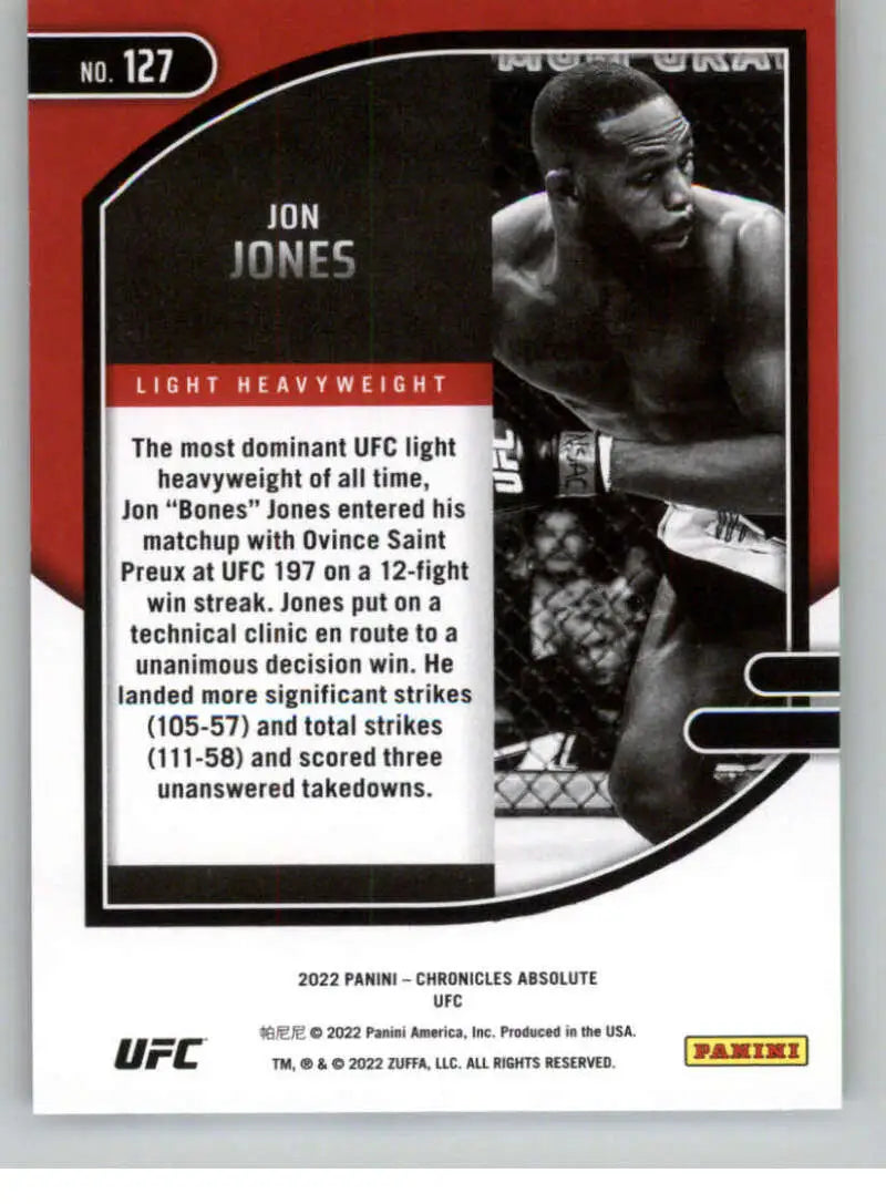 UFC trading card featuring Jon Jones in black and white design from Panini Chronicles UFC