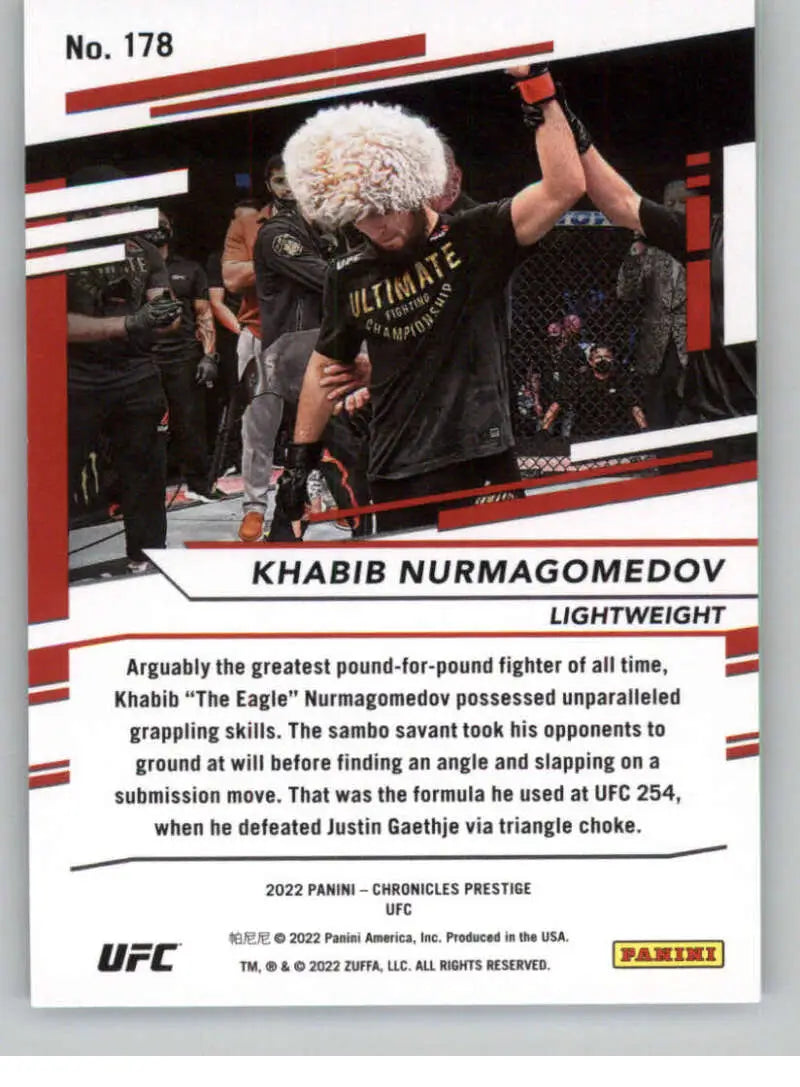 UFC trading card of Khabib Nurmagomedov celebrating victory in Panini Chronicles lightweight MMA