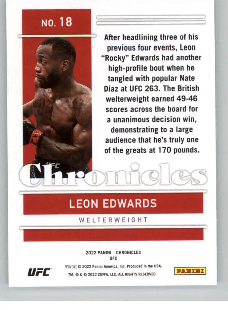 UFC trading card of Leon Edwards in red border from Panini Chronicles UFC collection