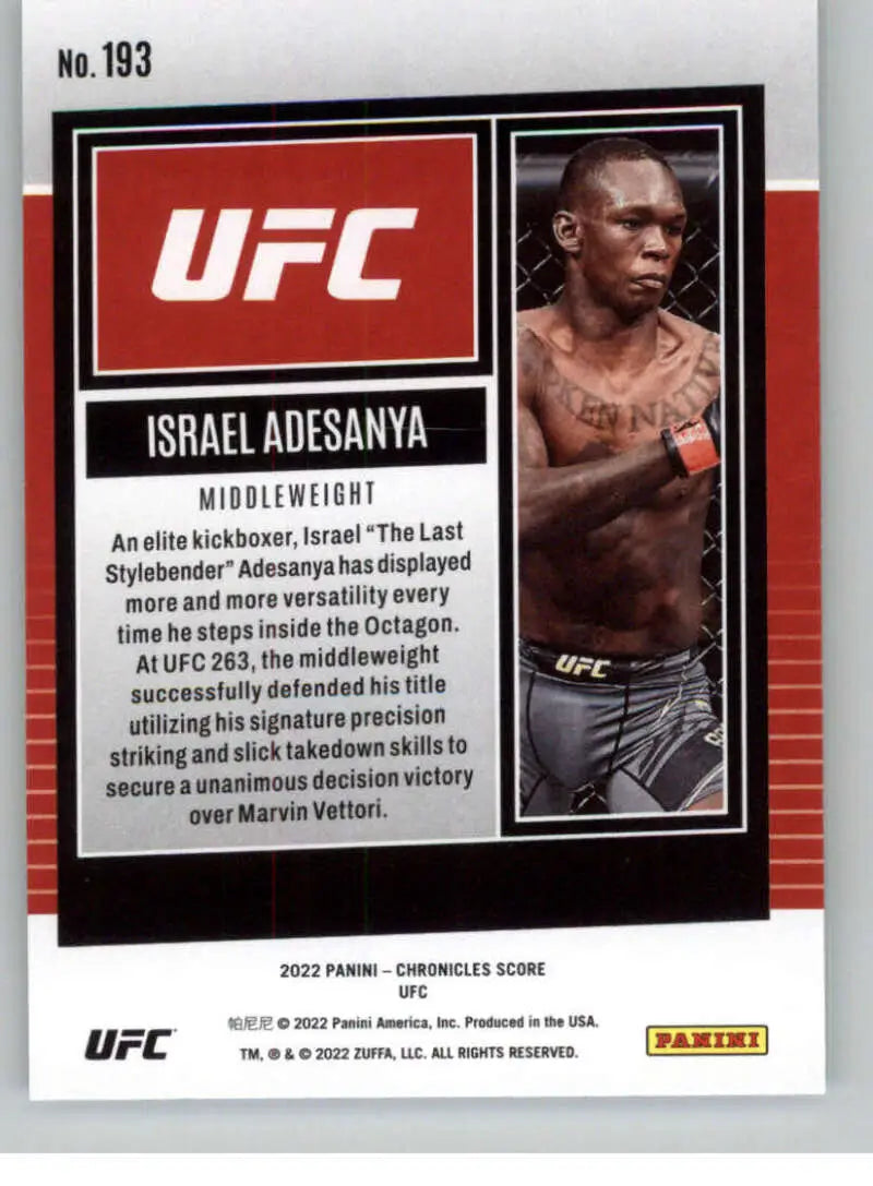 UFC trading card of Israel Adesanya in fighting stance on Panini Chronicles UFC background