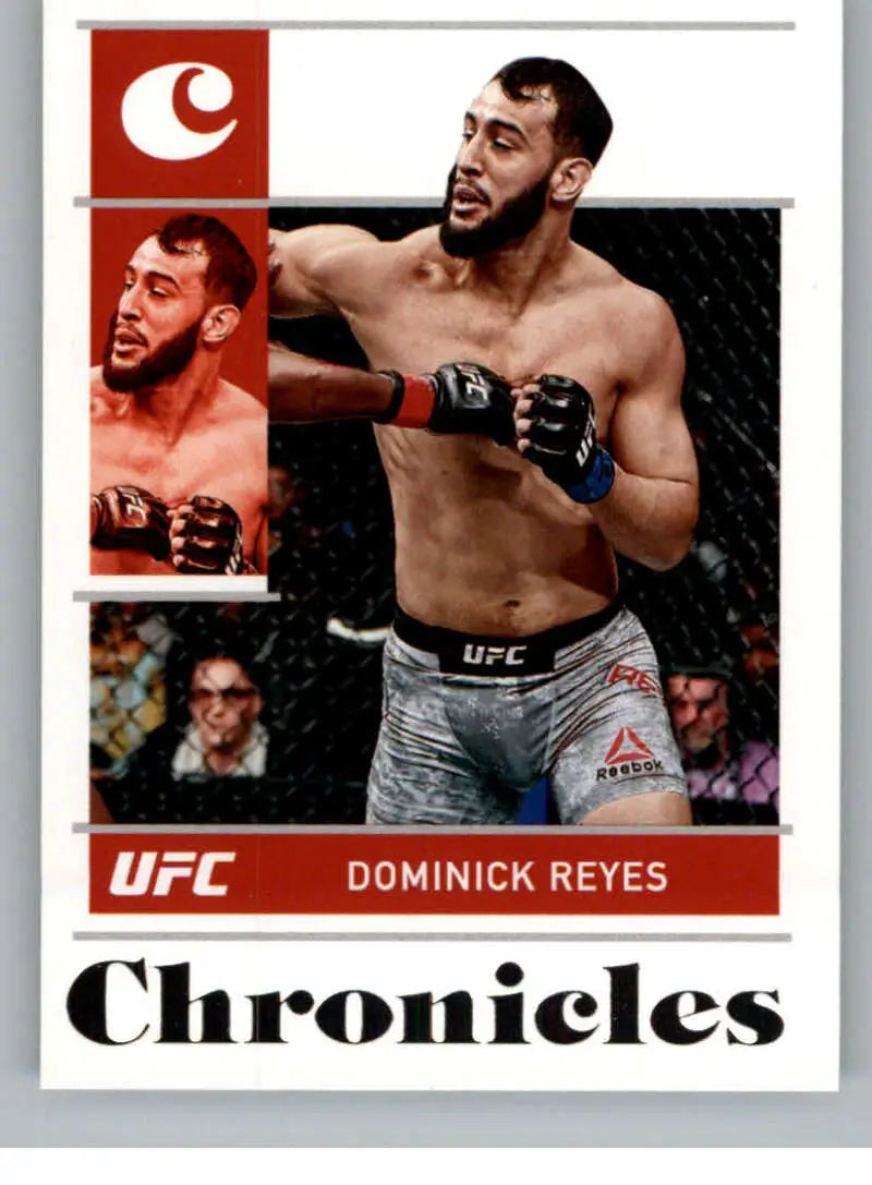 UFC trading card of Dominick Reyes in gray shorts from Panini Chronicles Light Heavyweight series