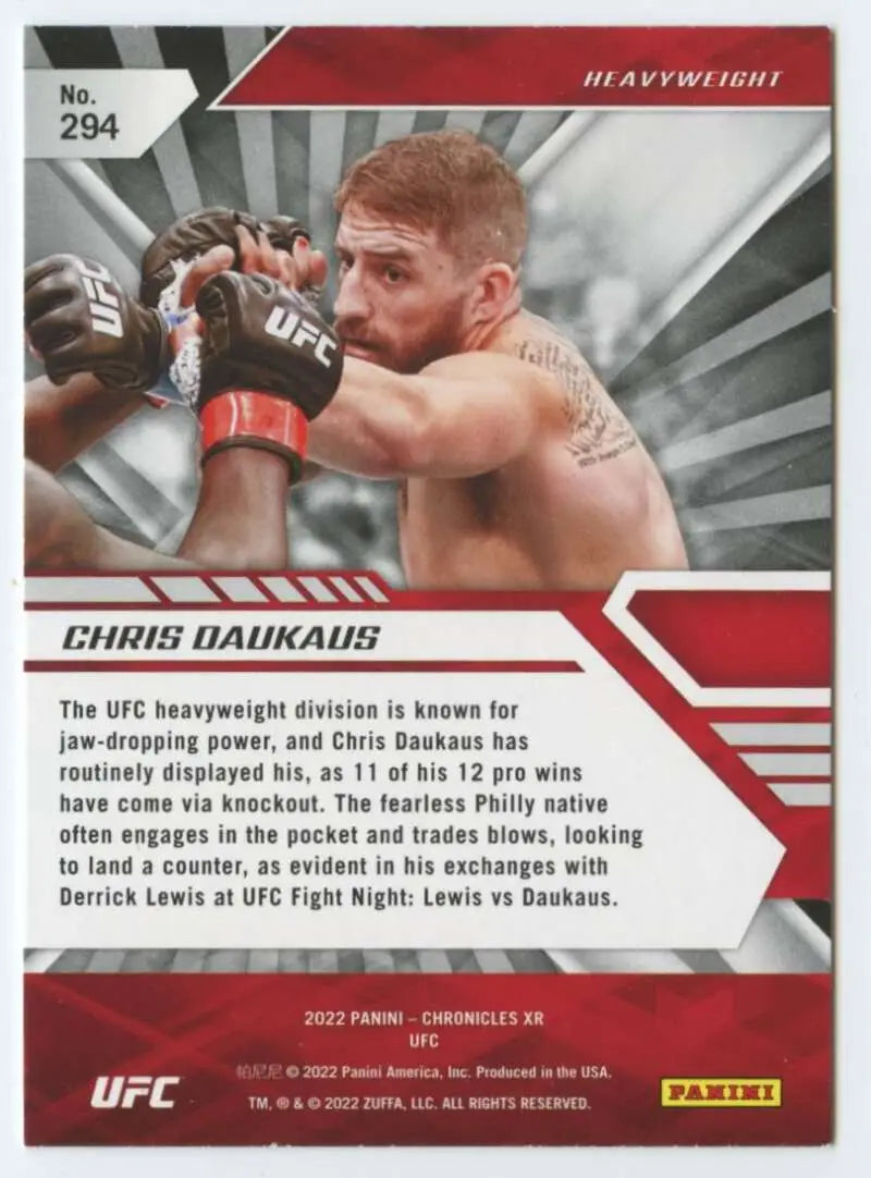 UFC trading card of Chris Daukaus in a striking pose from Panini Chronicles MMA card