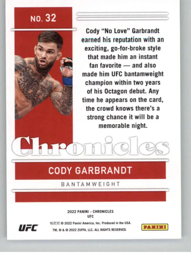 UFC trading card of Cody Garbrandt in red and white from Panini Chronicles UFC collection