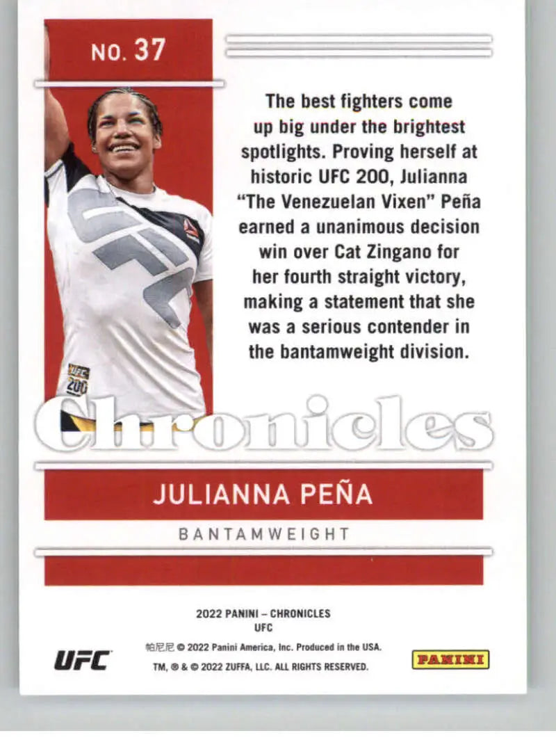 UFC Chronicles trading card of Julianna Pena in white against a red background