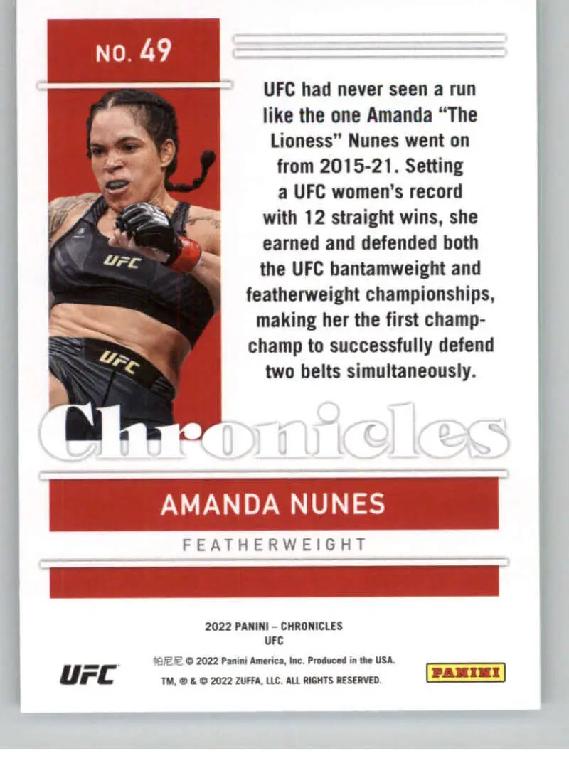 Red Panini Chronicles UFC card of Amanda Nunes in black sports top during competition