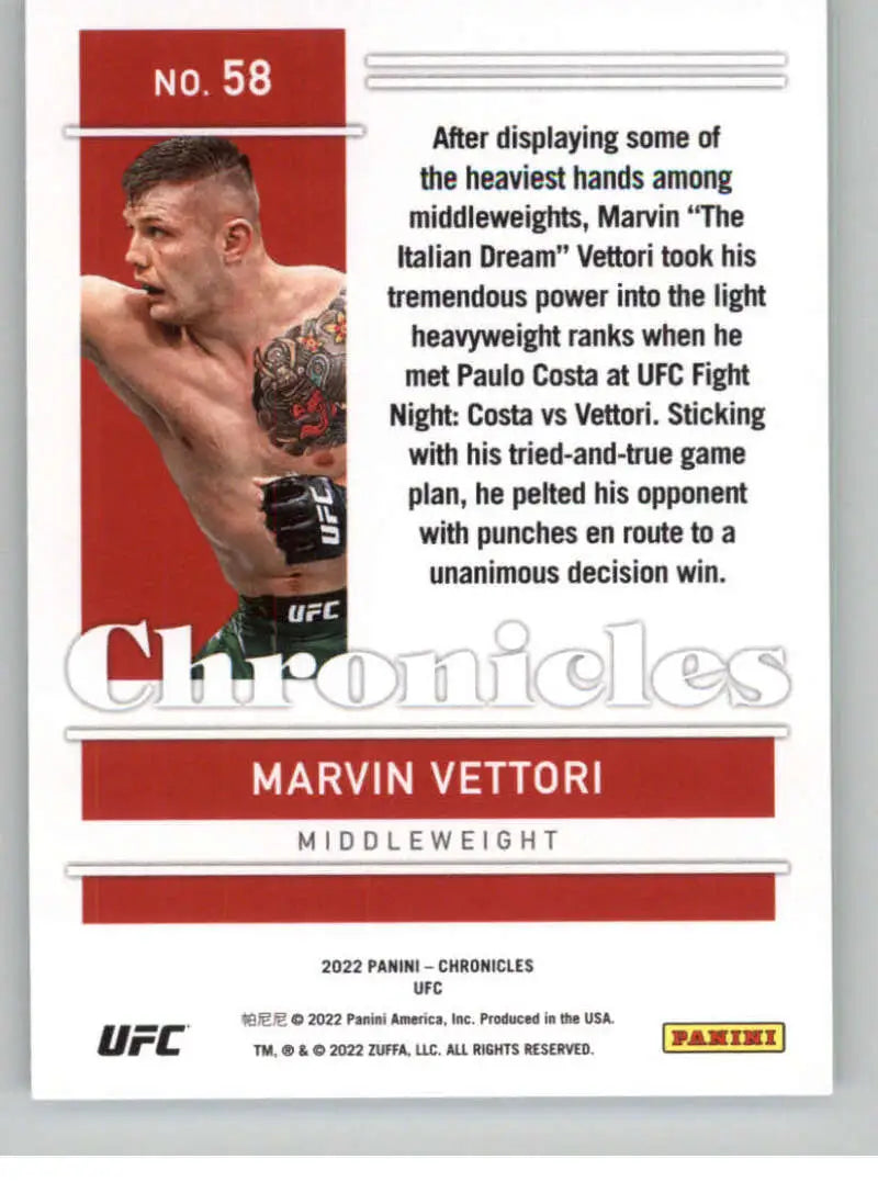 UFC trading card of Marvin Vettori from Panini Chronicles with a red-bordered design