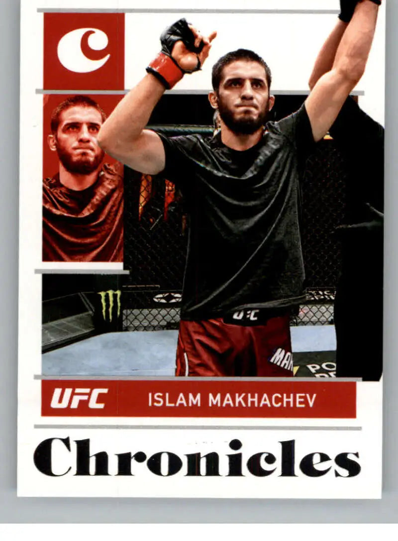 UFC trading card of Islam Makhachev in victory pose from Panini Chronicles UFC collection