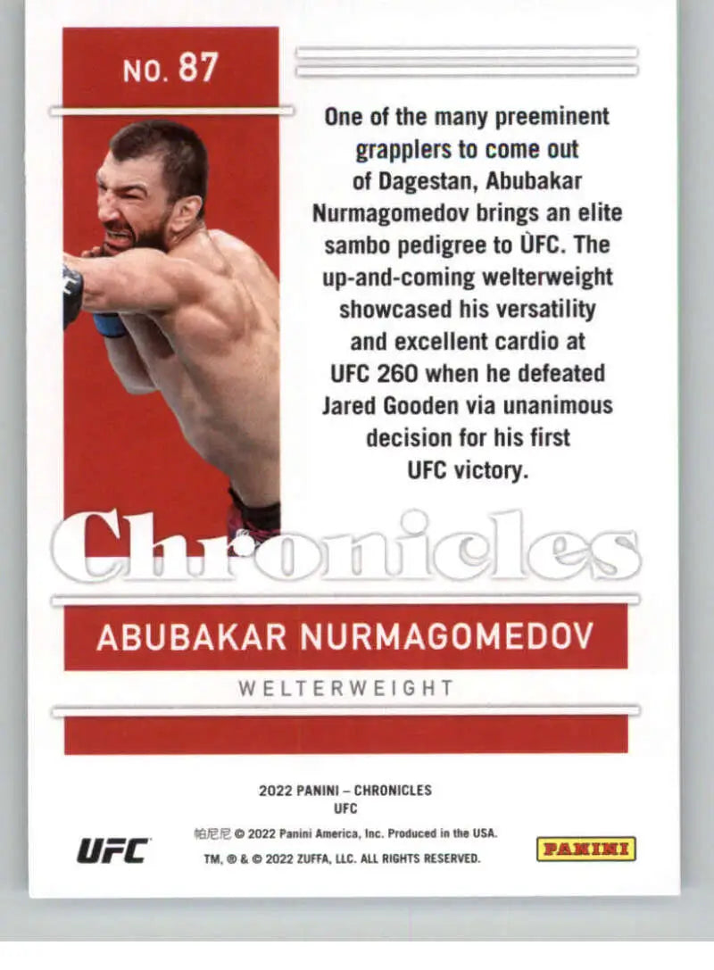 UFC trading card of Abubakar Nurmagomedov from Panini Chronicles UFC Rookie Welterweight MMA