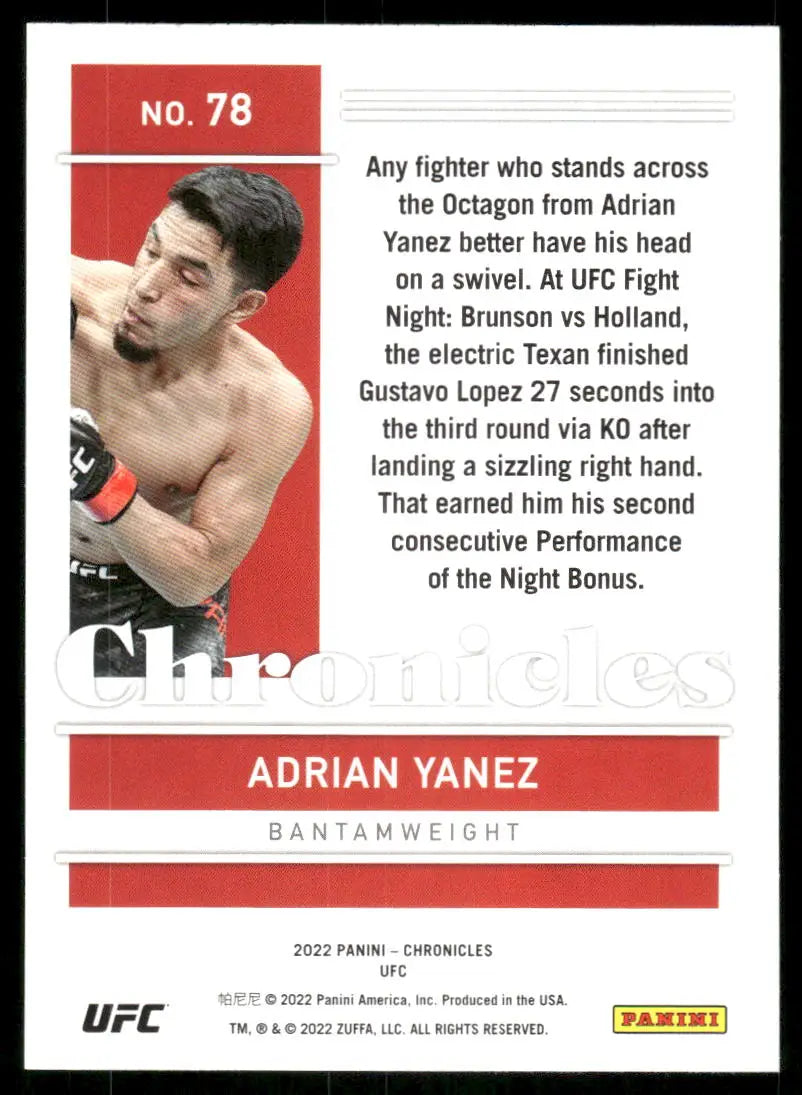 UFC Adrian Yanez trading card from 2022 Panini Chronicles UFC series