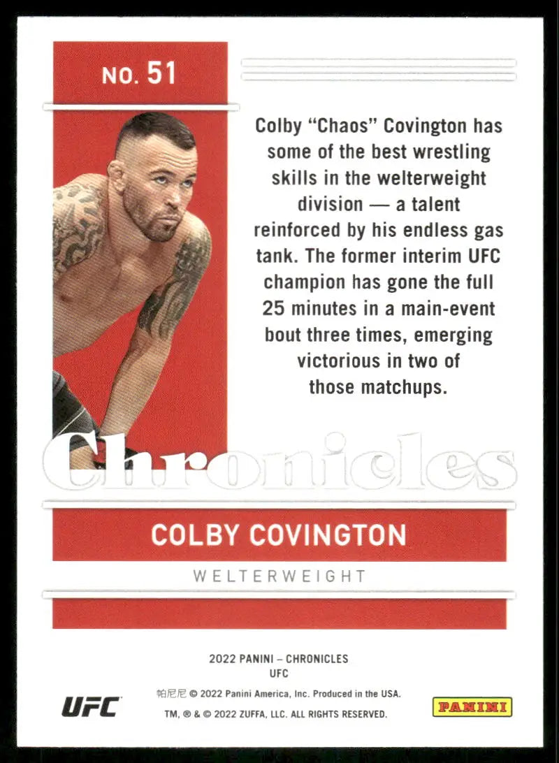 Collectible trading card featuring UFC fighter Colby Covington from Panini Chronicles UFC series