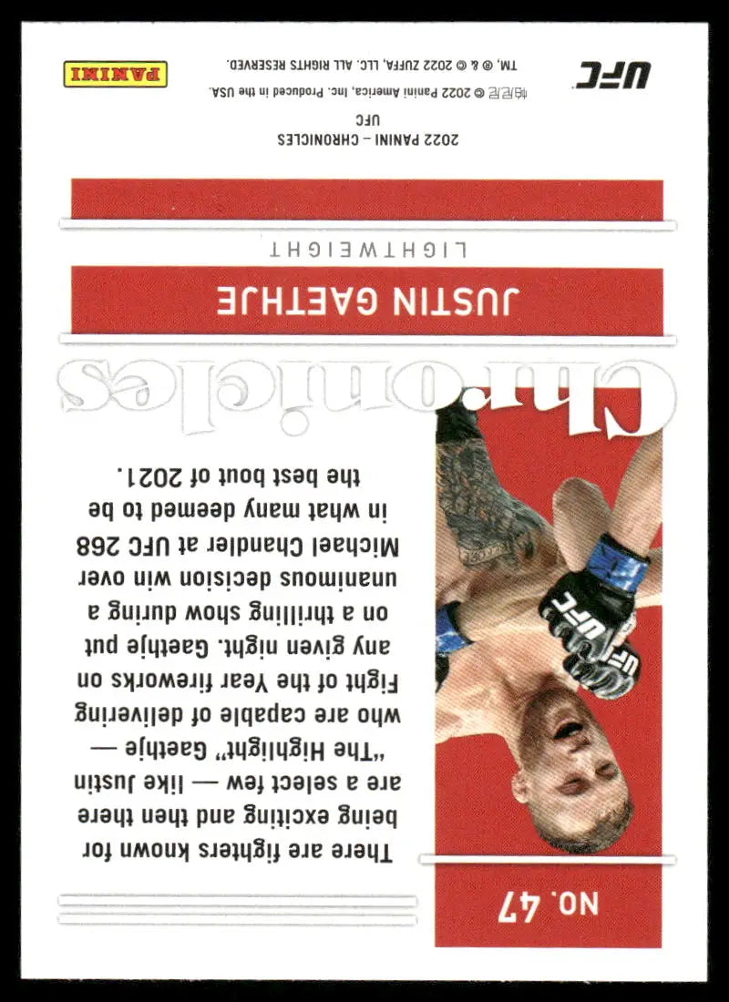 Collectible trading card for UFC fighter Justin Gaethje from Panini Chronicles UFC series