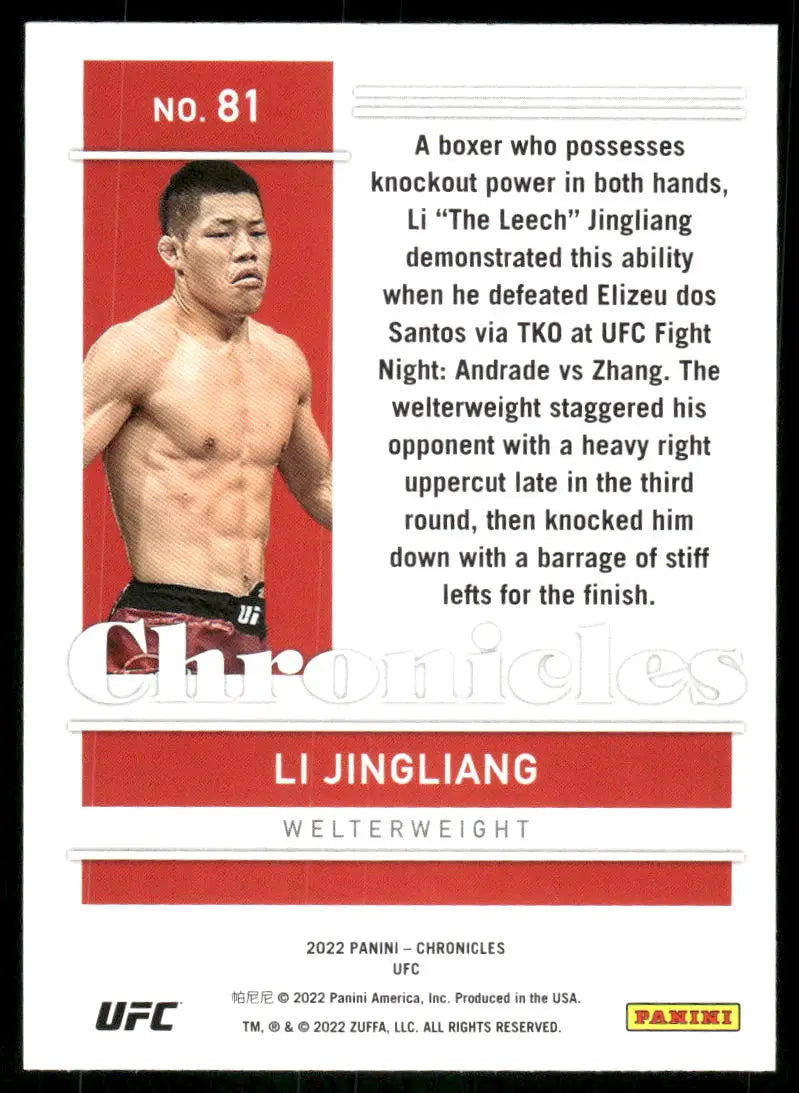 UFC Li Jingliang trading card from Panini Chronicles UFC 2022 product