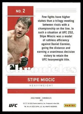 Trading card of UFC Stipe Miocic from Panini Chronicles UFC featuring victory text