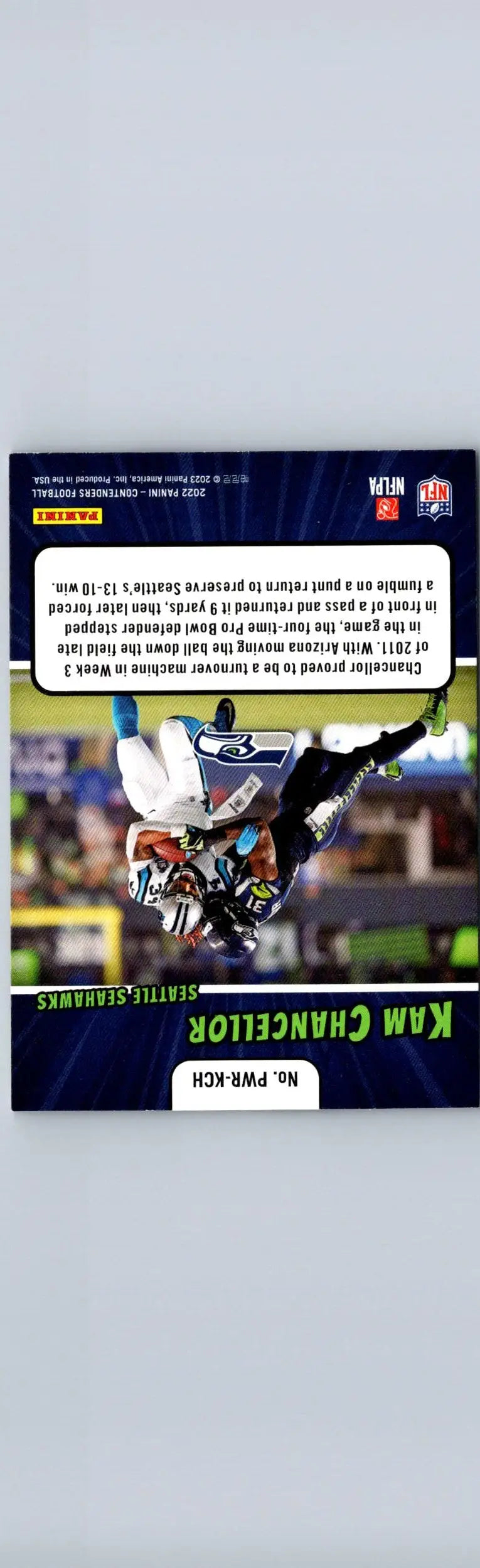 Kam Chancellor football card from 2022 Panini Contenders Kam Chancellor Power Players Emerald