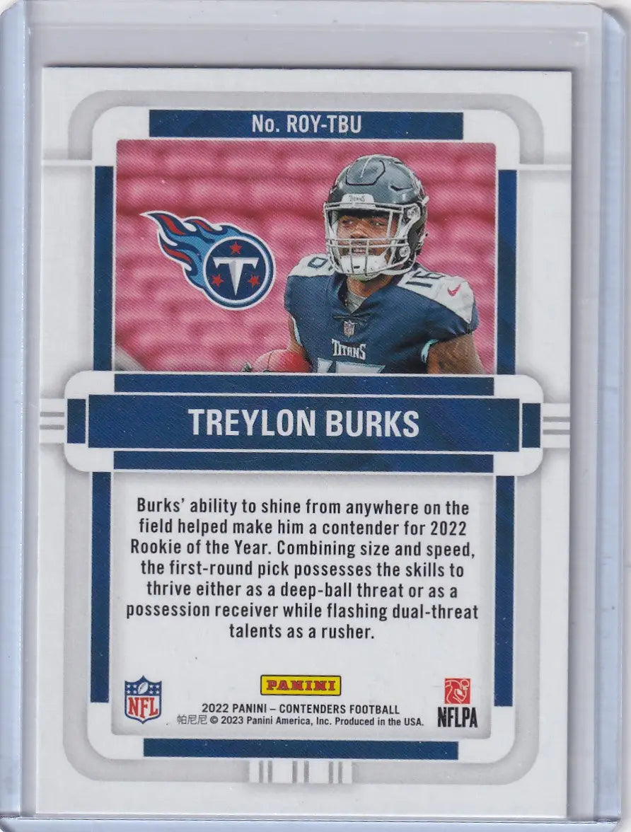 American football trading card of Treylon Burks from Panini Contenders Rookie of the Year Treylon Bucks series