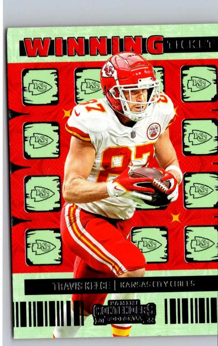 Football trading card of Travis Kelce Winning Ticket from 2022 Panini Contenders series