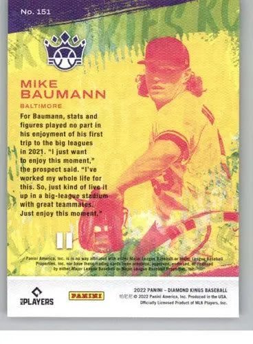 Original gloss Panini Diamond Kings Mike Baumann rookie baseball card Orioles