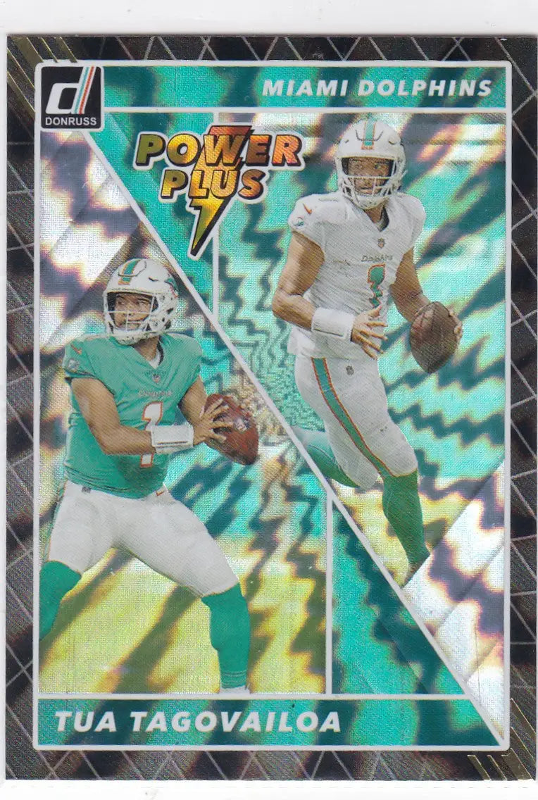 Football trading card featuring Tua Tagovailoa Power Plus Miami Dolphins images