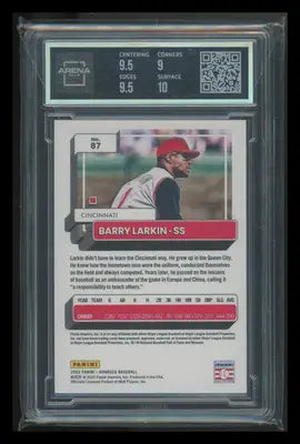 Graded Panini Donruss Red Barry Larkin baseball card displayed in 2022 Arena Club set