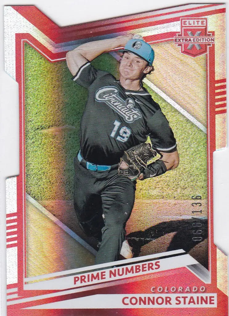 Baseball trading card of pitcher Connor Staine in Panini Elite Edition die cut prime design