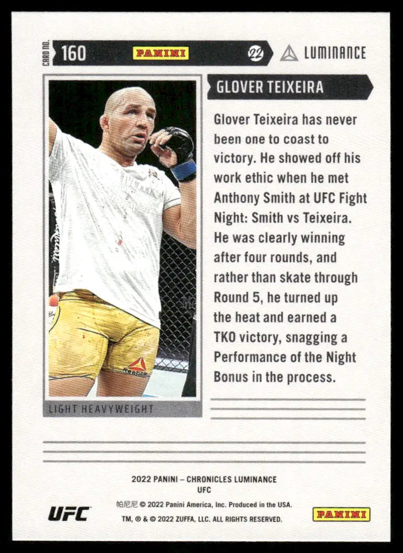 Collectible Panini Luminance UFC Glover Teixeira trading card featuring MMA fighter Glover Teixeira