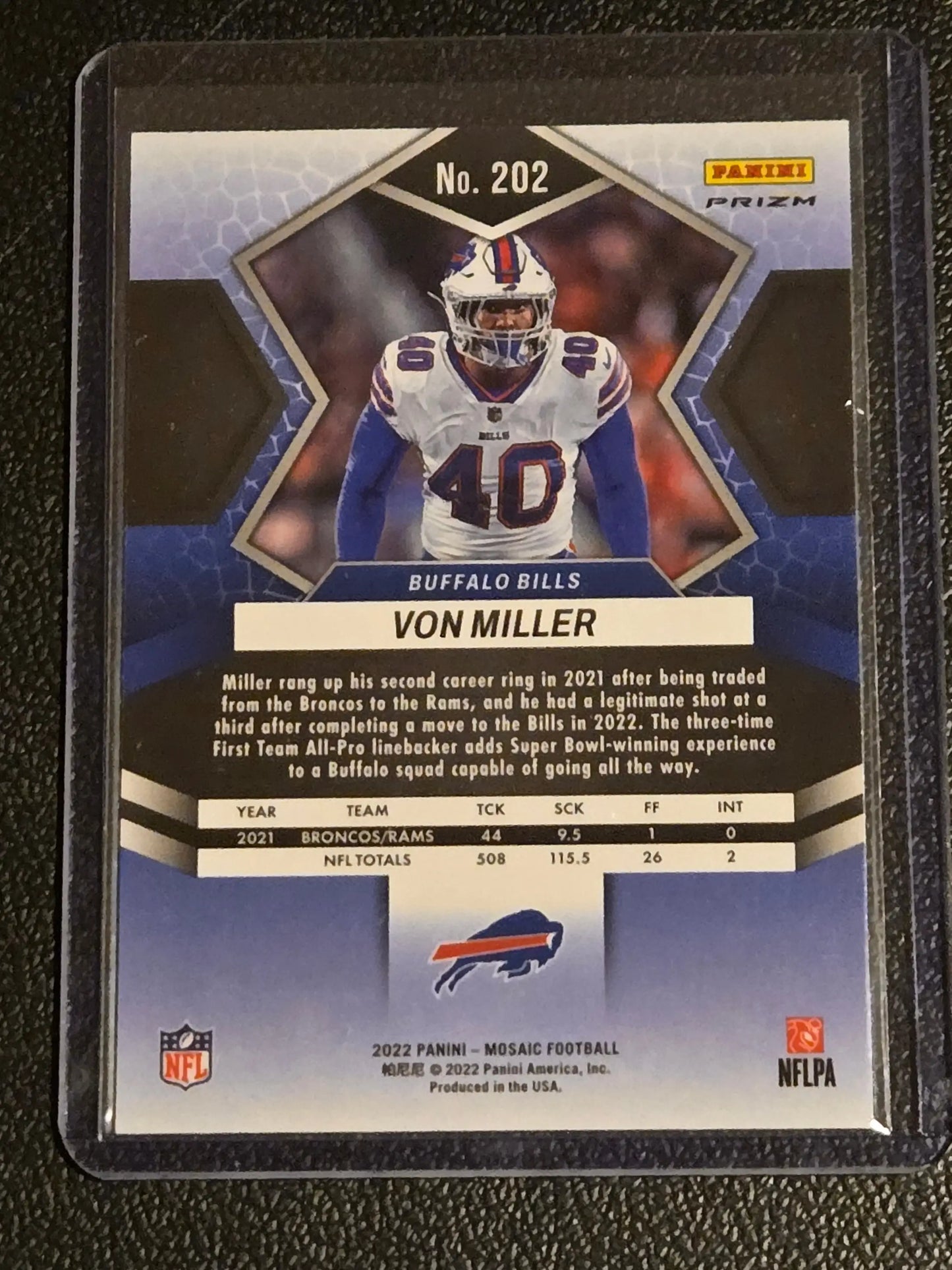 Von Miller Mosaic 2022 Panini Mosaic Green football card featuring Von Miller and Miller Mosaic Green