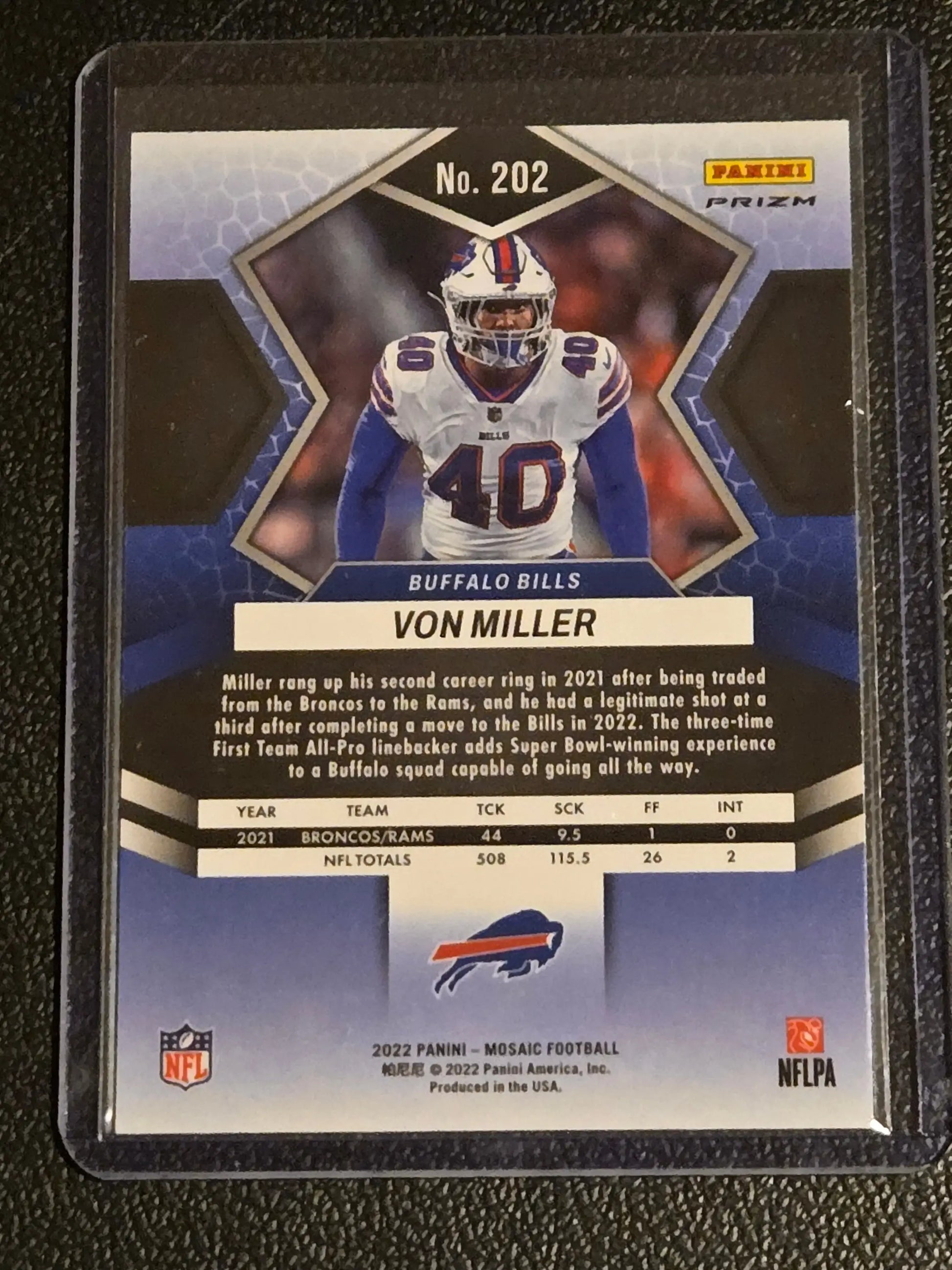 Von Miller Mosaic 2022 Panini Mosaic Green football card featuring Von Miller and Miller Mosaic Green