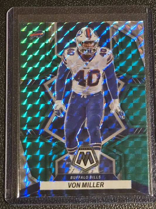 Von Miller Mosaic football card with green and blue mosaic pattern featuring Miller Mosaic Green