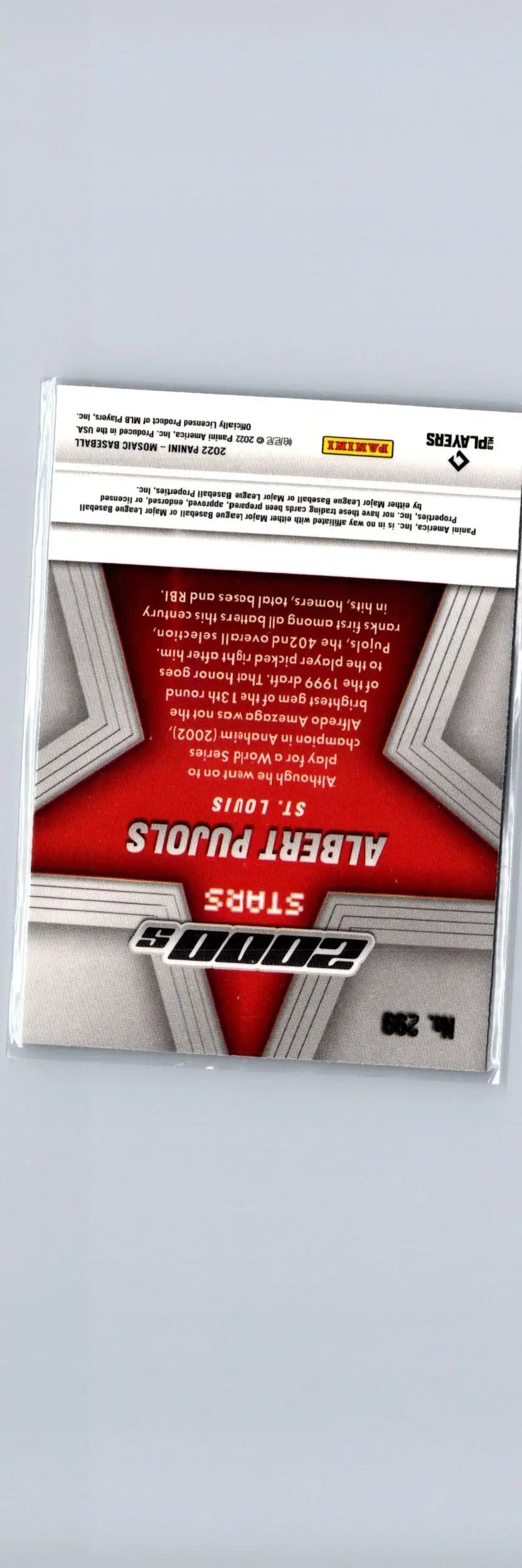 Back of a Panini Mosaic baseball card featuring Albert Pujols from 2022 Panini Mosaic #299