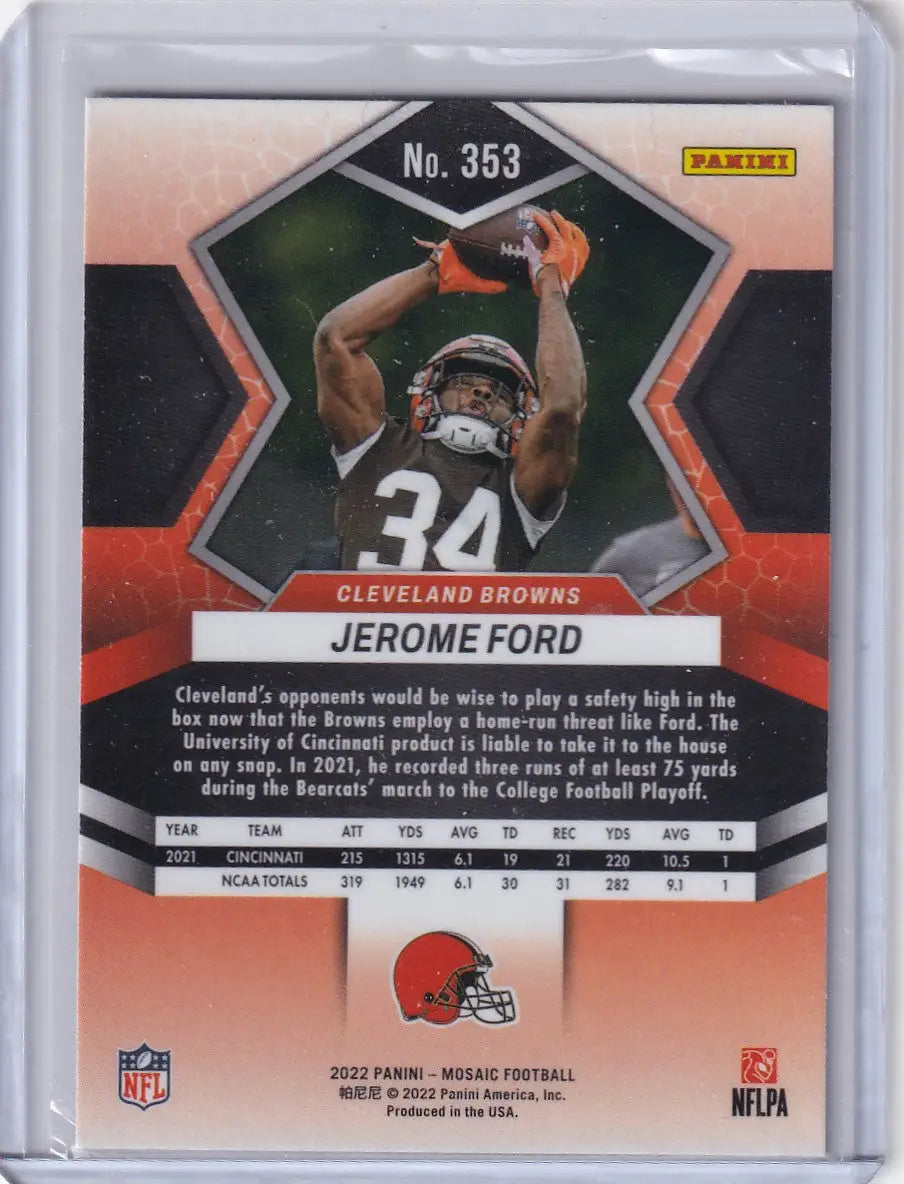 Back of Cleveland Browns Jerome Ford Panini Mosaic football trading card #353 from 2022 set