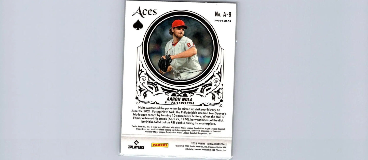 Aaron Nola baseball card from 2022 Panini Mosaic Aces Green Mosaic collection