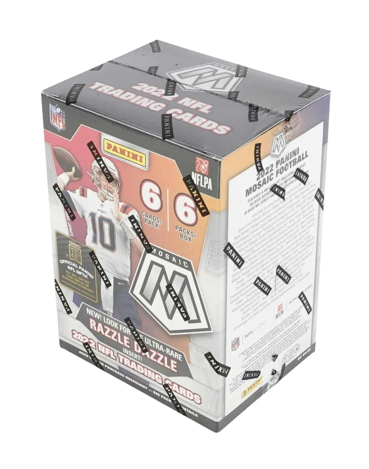 Sealed box of 2022 Panini Mosaic NFL Razzle Dazzle football trading cards with exclusive orange fluorescent design