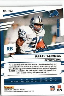 Barry Sanders football card from 2022 Panini Prestige collection featuring Panini Prestige Barry