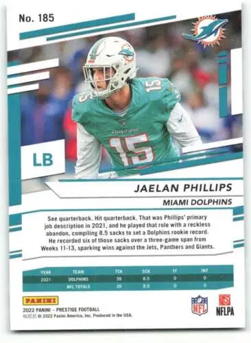 NFL trading card of Jaelan Phillips in Miami Dolphins aqua uniform from Panini Prestige