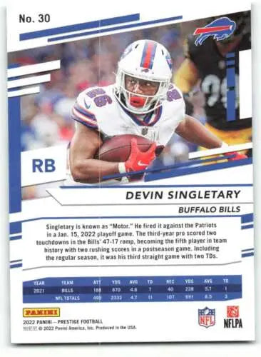 Devin Singletary 2022 Panini Prestige football card with original gloss NM-MT Bills